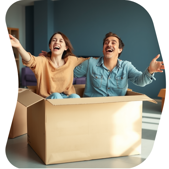 Two guys sitting on the floor of their apartment with Muval moving boxes